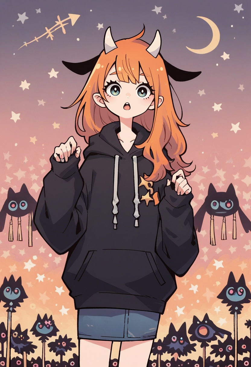 score_9, score_8_up, score_7_up, score_6_up, score_5_up, garouma, 1girl, hood, black hoodie, hoodie, star (symbol), orange hair, crescent moon, skirt, long sleeves, open mouth, long hair, solo, bangs, horns, drawstring, signature, heart, moon, hood up<lora:garoumaXLP:1>
