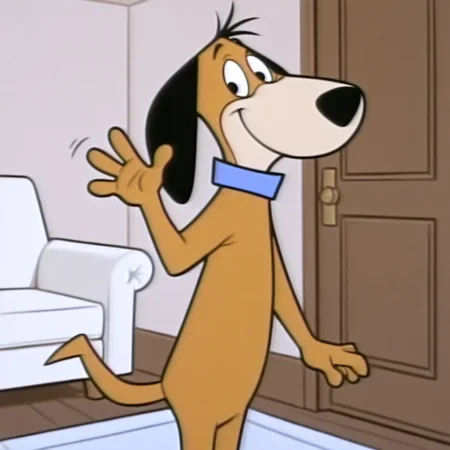 masterpiece, best quality, amazing quality, official style, d0ggi3d4ddy, male, furry male, solo, anthro, dog, short hair, black eyes, brown fur, tan muzzle, black nose, droopy ears, tail, blue collar, standing, smile, waving hi, looking at viewer, indoors, living room
