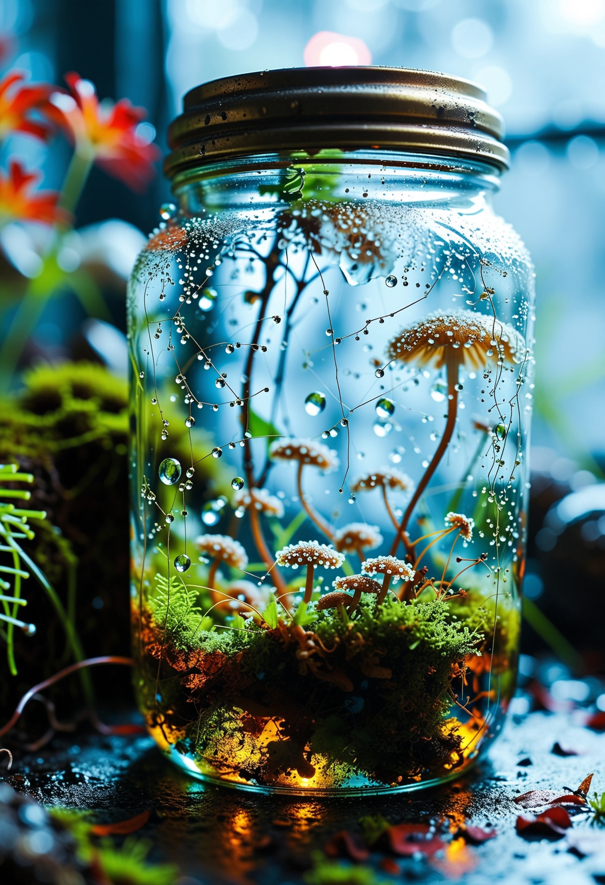 "EXTREME MACRO PHOTOGRAPHY of a TINY ECOSYSTEM in a GLASS JAR, shot on Hasselblad H6D-400c with 120mm f/4 macro lens:  
- **Jar**: Thick glass with (condensation droplets:1.2), (hand-blown imperfections:1.1), sealed with (aged brass lid:1.3)  
- **Micro World**:  
  - (Miniature forest:1.4) of (bioluminescent mushrooms:1.3) glowing faint blue  
  - (Tiny quartz crystals:1.2) refracting light into rainbow patterns  
  - (Microscopic ponds:1.1) with (moving amoeba-like creatures:1.0)  
- **Details**:  
  - (Dew-covered spiderwebs:1.3) between mushroom stems  
  - (Floating pollen particles:1.1) in humid air  
  - (Visible dust motes in light beams:1.2)  
- **Lighting**:  
  - (Cinematic backlight:1.4) through jar walls  
  - (Volumetric god rays:1.3) from side window  
TECH: 8K resolution, f/5.6, 1/125s, ISO 400, focus stacked"  
 <lora:aidmaGPTimage:1> aidmagptimage
 <lora:aidmaFluxProUltra:1> aidmafluxproultra