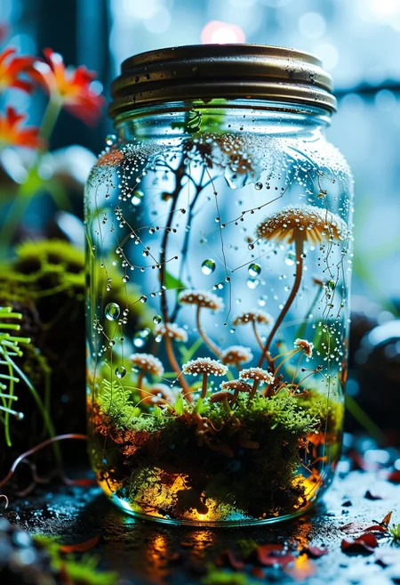 "EXTREME MACRO PHOTOGRAPHY of a TINY ECOSYSTEM in a GLASS JAR, shot on Hasselblad H6D-400c with 120mm f/4 macro lens:
- **Jar**: Thick glass with (condensation droplets:1.2), (hand-blown imperfections:1.1), sealed with (aged brass lid:1.3)
- **Micro World**:
- (Miniature forest:1.4) of (bioluminescent mushrooms:1.3) glowing faint blue
- (Tiny quartz crystals:1.2) refracting light into rainbow patterns
- (Microscopic ponds:1.1) with (moving amoeba-like creatures:1.0)
- **Details**:
- (Dew-covered spiderwebs:1.3) between mushroom stems
- (Floating pollen particles:1.1) in humid air
- (Visible dust motes in light beams:1.2)
- **Lighting**:
- (Cinematic backlight:1.4) through jar walls
- (Volumetric god rays:1.3) from side window
TECH: 8K resolution, f/5.6, 1/125s, ISO 400, focus stacked"
<lora:aidmaGPTimage:1> aidmagptimage
<lora:aidmaFluxProUltra:1> aidmafluxproultra
