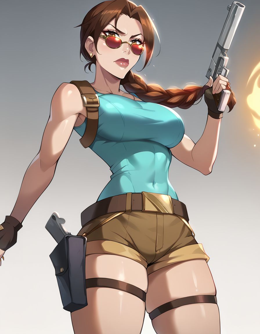<lora:anipony_XL:0.5>, score_9, score_8_up, score_7_up, rating_general, solo, source_anime, anime screencap style, anime screencap, flat coloring, <lora:LaraCroftR:0.9> laraxl, lips, gloves, fingerless gloves, long hair, braid, weapon, gun, tank top, holster, large breasts, belt, short shorts, navel, tinted eyewear, thigh holster BREAK (beautiful woman), thighs, sexy brown eyes, standing with holding a gun, ((serious assertive face)), side shot, looking at viewer, <lora:leaguesplash_v1_pruned:0.8> glowing, simple background,