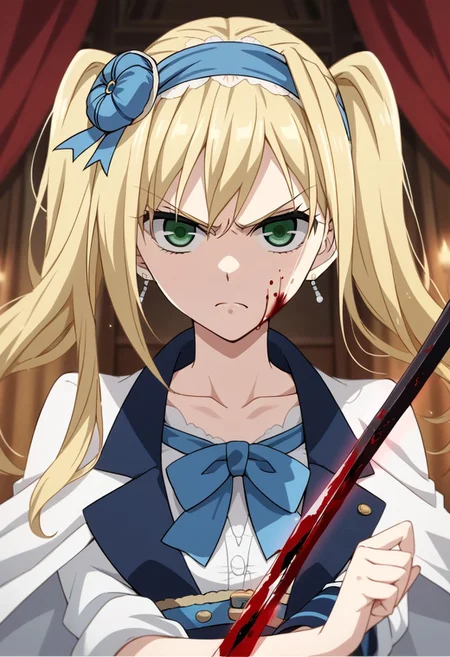 score_9, score_8_up, score_7_up, source_anime, ELIZABETH MIDFORD, LONG HAIR, TWIN TAILS,
1girl, solo, long hair, looking at viewer, blonde hair, ribbon, holding, twintails, jewelry, green eyes, collarbone, weapon, hairband, earrings, sword, blood, frown, angry, serious, blood on face, united kingdom \(hetalia\)