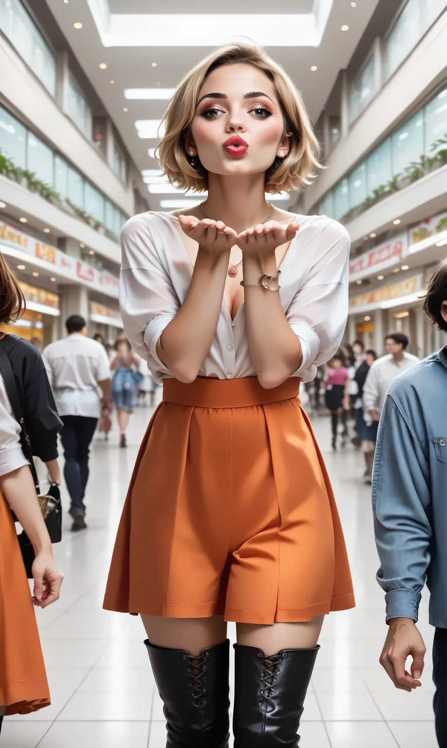 score_9, score_8_up, score_7_up, blaiki, wiboha, (slim 25 years old woman) in orange skirt and white blouse is blowing an air kiss with both hands, standing in a crowded mall. black (thigh high boots), necklace, short blonde hair
<lora:AirKissPony:1>