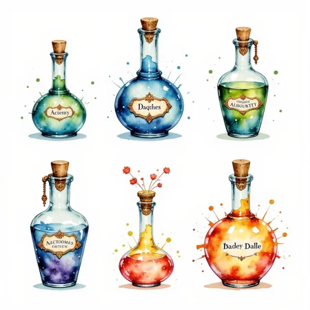 "A collection of vintage apothecary potion bottles in a soft watercolor style, each with a unique shape and design. The bottles contain mysterious, swirling liquids in shades of blue, green, purple, and amber, some with an iridescent or glowing effect. The stoppers vary, including classic corks, wax-sealed lids with intricate stamps, metal clasps, and even small chains securing them shut. Some bottles are adorned with delicate golden details, such as filigree patterns, runic inscriptions, or tiny charms. Each bottle features an ornate, decorative label with an elegant, antique-style font, resembling alchemical or fantasy-inspired names. The overall aesthetic is magical and slightly aged, reminiscent of an old-world potion shop or an enchanted alchemist's collection. The background is neutral, allowing the delicate watercolor textures and soft shading to enhance the mystical atmosphere."