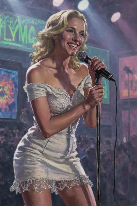 ethelleontinegabain1 painting.
A blonde woman with a slim physique, wearing a white, off-the-shoulder, lace-trimmed, sparkle shine mini dress, performing on stage. She holds a microphone, smiling. The background features colorful, neon-lit advertisements and a foggy atmosphere. The stage is illuminated with bright lights, and the overall scene exudes a vibrant, energetic vibe. <lora:ethelleontinegabain1_cap_d8a4:1.0><lora:862068641020001362:0>