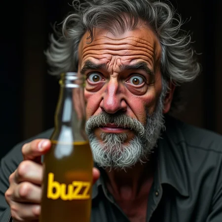 photo realistic, old workshpo, close up, 50 years old stoic man,wild hair, eyes wide, looks at glass bottle, suprised face, closed sad mouth,
hold emty glass bottle upside down, on glass bottle written:"buzz" in yellow colour,
small yellow liquid drops from glass bottle