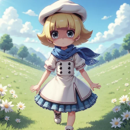 score_9,score_8_up,score_7_up,high quality,perfect dim light,very detailed,many details,masterpiece,solo,1girl,a young girl running in a field,ozawarina,dress,white beret,blue skirt,shaded face,blue scarf,mackenzie,blonde hair,short hair,grey eyes,dark brown thights,expressionless,<lora:mackenzie-v1-pony:1>