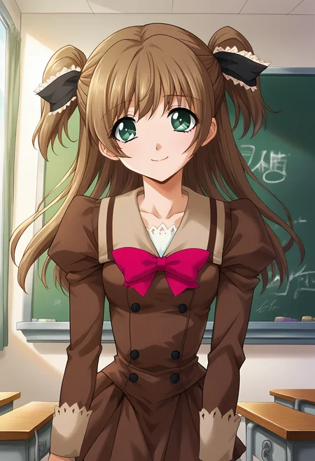 score_9, score_8_up, score_7_up, score_6_up, score_5_up, score_4_up, masterpiece, source_anime, 1girl, c lip, long hair, brown hair, green eyes, brown dress, red bowtie, beige bow, juliet sleeves, long sleeves, two side up, indoors, school desk, chalkboard, day, depth of field, cowboy shot, looking at viewer, light smile, <lora:Sweet_Lip_Pony_c:1>