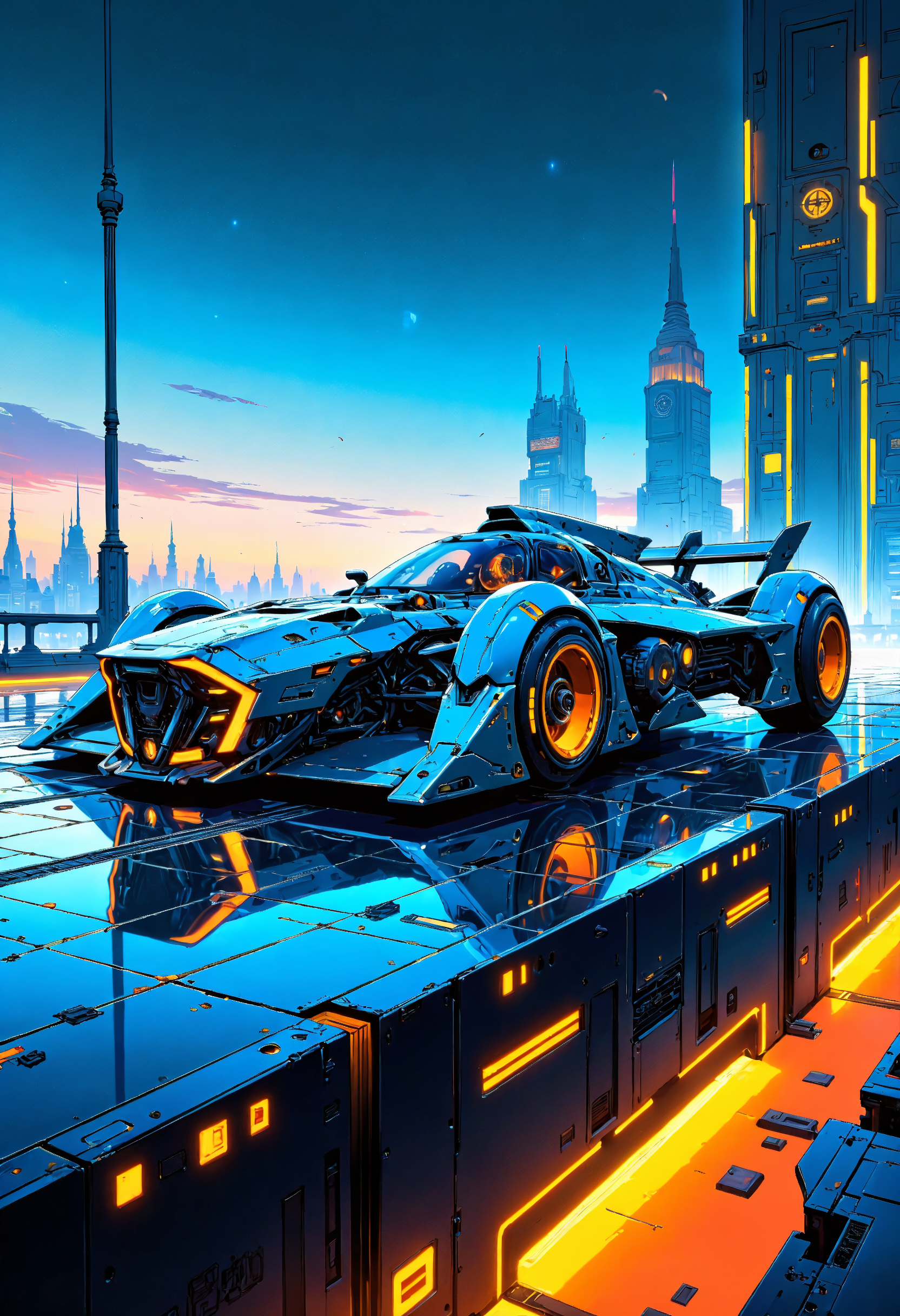 lineart, masterpiece, high-quality, A sleek racing hovercraft parked on the edge of a neon-lit platform, its angular design catching streaks of light from the city below, The faint glow of the horizon enhances its futuristic aerodynamic silhouette, futuristic design, reflective surfaces, glowing accents, dynamic lighting, (elaborate fine details:1.1), (hyperdetailed:1.1), (intricate details:1.0), (Refined details:1.1), (best quality:1.1), (high resolution:1.2),,