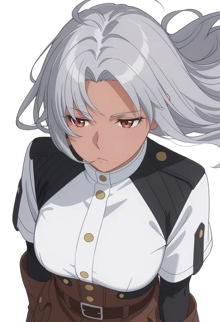 Smooth Quality,masterpiece, ultra realistic,
simple background, white background, 
from above,bored,wind, 
 <lora:AquaErisCnn:0.8>Aqua/Cnn, Sist/Cnn, long hair, 1girl, red eyes, dark-skinned female, uniform, grey hair, gloves,
