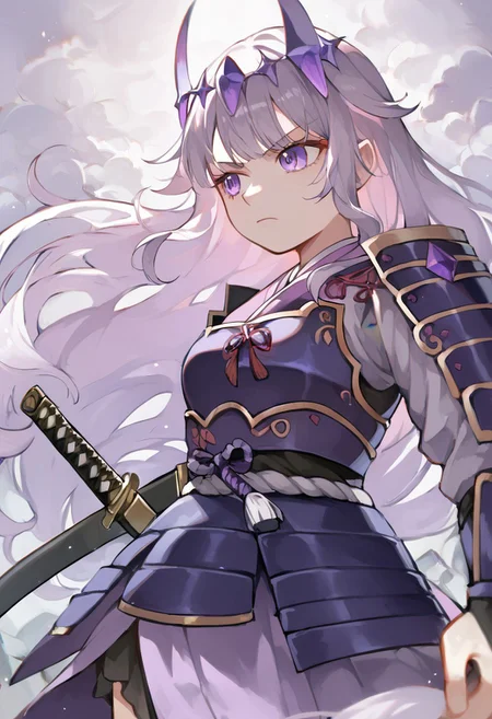 score_9, score_8_up, score_7_up, hadrian, source_anime, 1girl, boulders in back ground, stones, pepples, <lora:ChamKosekiBijouPonyXL:0.8> KosekiBijou, long hair, hair flaps, floating headpiece, <lora:samurai_armor_pony:1.1> samurai, purple clothes, holding katana, serious