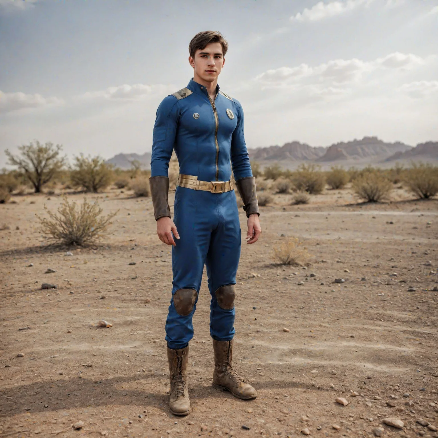 A full body photograph of a 20 year old man wearing a Vault Suit in a desert wasteland <lora:Fallout_Vault_Suit-000008:0.6> <lora:Perfect Hands v2:0.75> Perfect Hands, perfect face