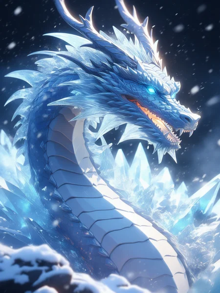 (\han yu long huang\),no humans,dragon,open mouth,glowing,crystal,teeth,sharp teeth,ice,horns,scales,snow,glowing eyes,monster,fangs,snowing,blue theme,<lora:hanyulonghuangXL:1>,