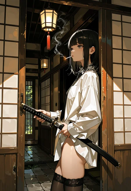 1girl, solo, beautiful eyes, detailed eyes, detailed face, asian woman (japanese), medium hair, black hair, blunt bangs, sidelocks, grey eyes,
BREAK
white shirt, loose black tie, bottomless, stockings, garter visible, 
BREAK
from side, sexy pose, standing, holding one katana, smoking, cigarette, mouth hold, looking away, 
BREAK
outdoors, japanese house, east asian architecture, sliding door, hanging lantern, dim lighting, detailed background,
BREAK
(safe_pos, fine texture, masterpiece, ultra-detailed, very aesthetic, absurdres, volumetric lighting, scenery, newest, absolutely eye-catching, vivid colors, rating_explicit), 
BREAK