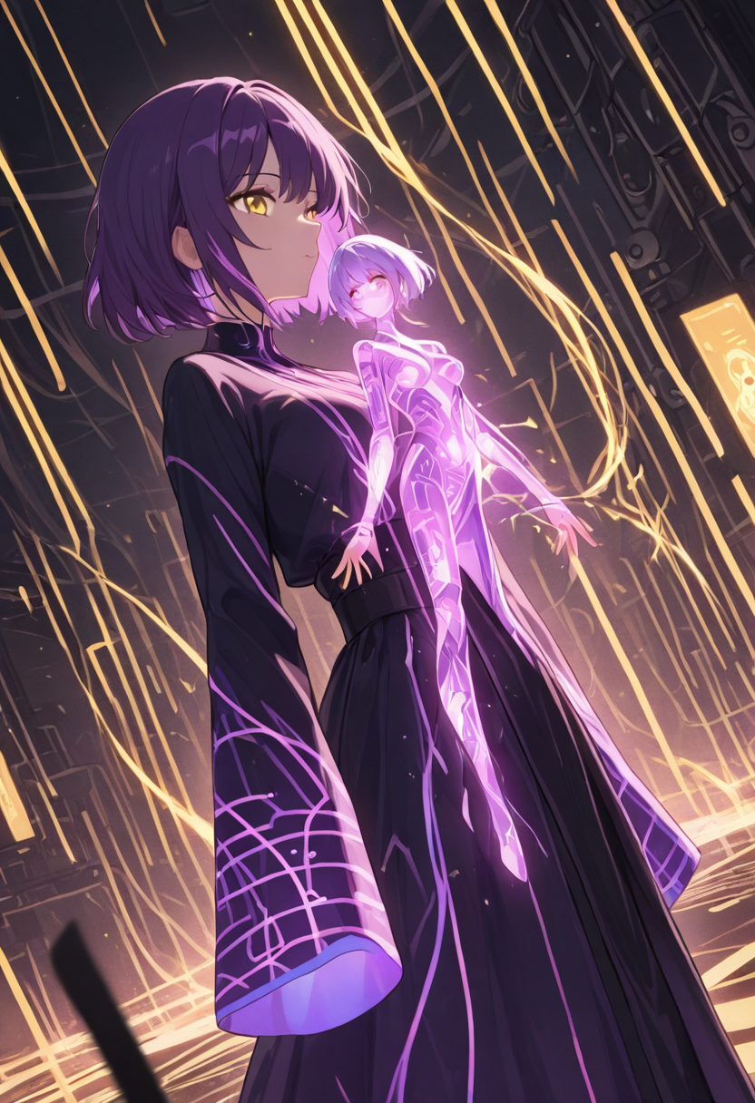 masterpiece, best quality, good quality, very aesthetic, absurdres, newest, 8K, depth of field,  in the style of cknc, artist:moriimee, in the style of cksc,
1girl, short purple hair, glowing streaks, yellow eyes, medium breasts, firm, circuit-patterned robe, glossy skin, casting hologram, looking at viewer, from front
BREAK
futuristic lab, glowing screens, sparks flying
BREAK
cool tones, neon glow, high contrast, reflective surfaces, rich details, intense atmosphere.yazloba_puppeteer , <lora:ya_strings_of_fate :1>