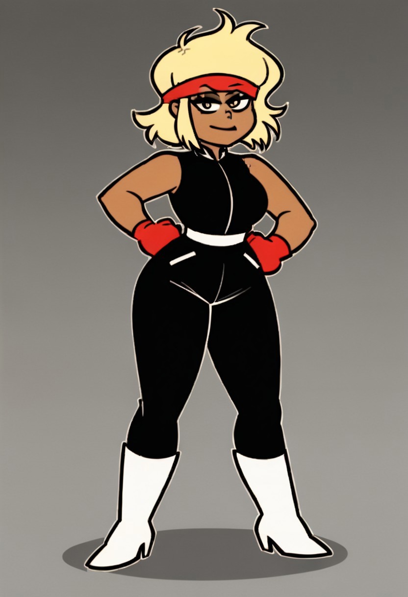 (Score_9_up, score_8_up, score_7_up, highest quality), BREAK, <lora:The_Coffin_of_Andy_and_Leyley_Game_Artstyle_PonyXL:1> milf, looking at viewer, standing, sexy pose, 1girl, solo, tan skinned female, curvy, thicc, fit, wavy blonde hair, red headband, purple sleeveless bodysuit, white ankle boots, red gloves, fca style, toon \(style\), high quality, masterpiece, highres, (black and white, monochrome:1.5), square nose