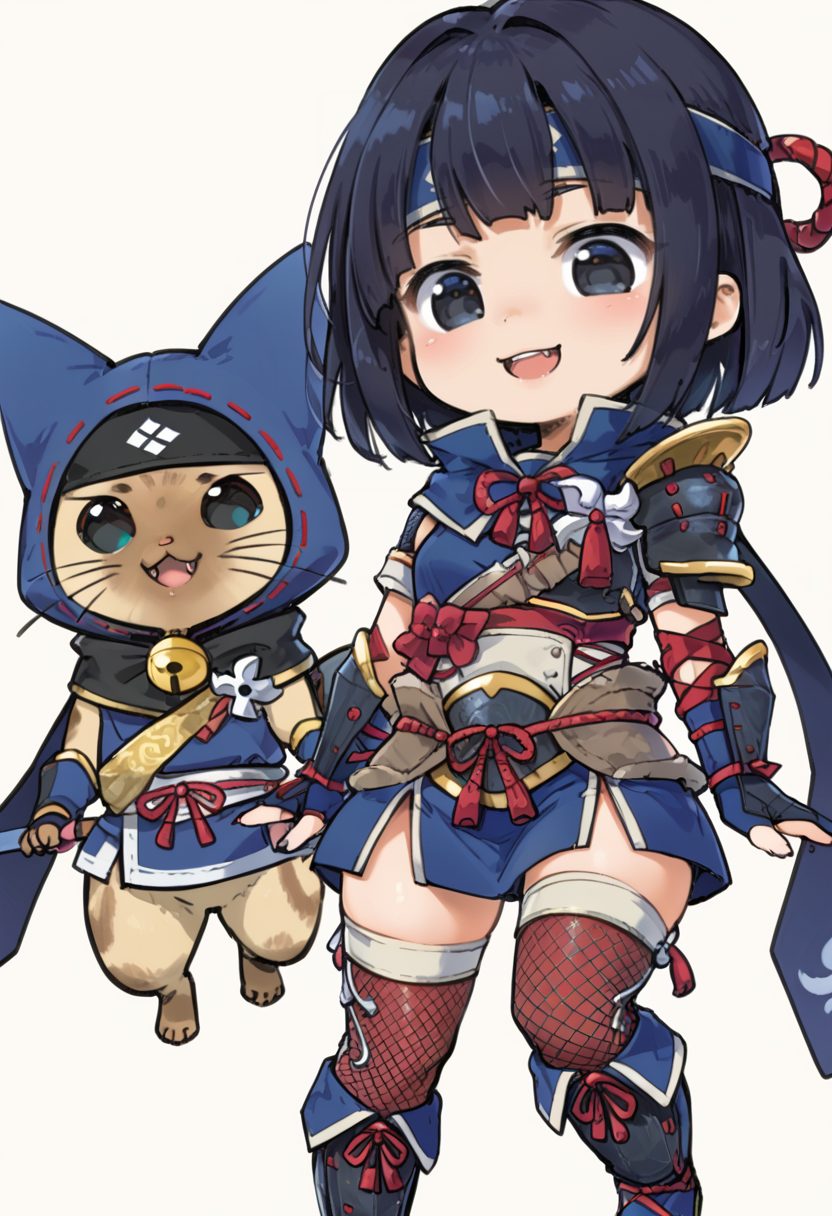 (score_9:0.9),score_8_up,score_7_up,rating_explicit,realsitic,(zPDXL),<lora:kamura armor ponyXL v1:0.85>,1girl,black hair,chibi,sword,smile,simple background,open mouth,short hair,blue headband,blue gauntlets,black eyes,standing,full body,blue knee boots,kamura armor,fishnet thighhighs,felyne,blue scarf,weapon on back,clothed animal,