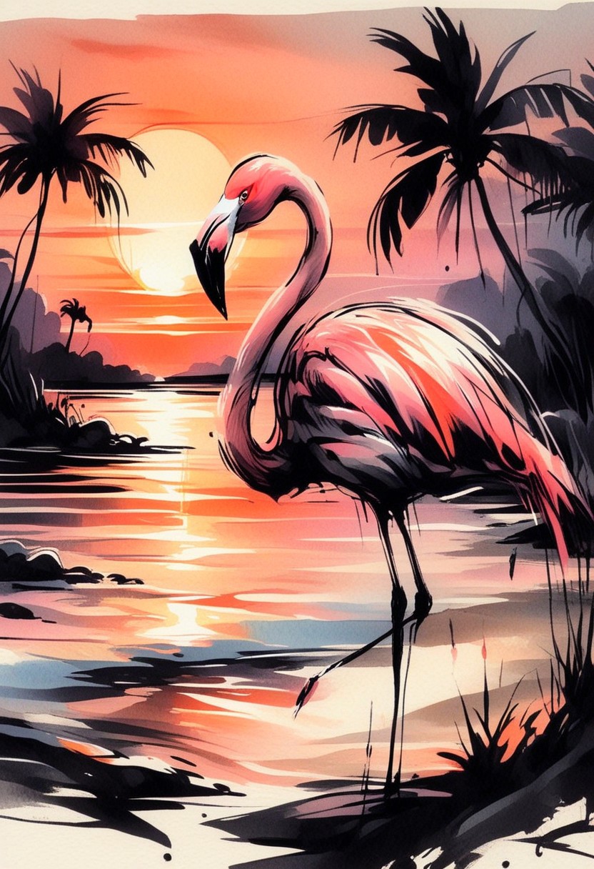 inksketch, A flamingo, sunset, jungle,