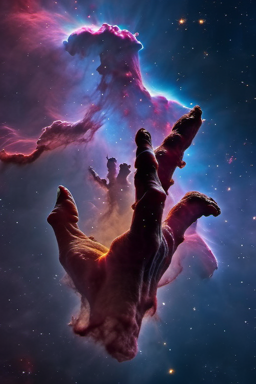 a pillar nebula in the shape of a giant hand reaching up. (8k, high resolution, extreme detail), color gradation, exquisite details, sharp focus, intricate details, taken with a CANON EOS R6 camera, 18mm lens