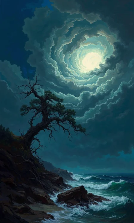 A dramatic seascape painting or digital illustration. The sky is a swirling mix of deep blues and grays, thick, textured clouds that create a sense of depth and vastness. A luminous, almost ethereal, light source is present within the clouds, perhaps a moon or sun, creating a glowing vortex effect. The clouds seem to be dense and dramatic. A solitary, gnarled tree stands on a rocky shoreline. The branches of the tree reach out dramatically, almost like a reaching, skeletal figure against the sky. The foreground shows choppy, turbulent water that appears to be crashing against the rocky shore. The rocks are dark gray and brown, rough textured, and the water is a similar muted tone. The overall color palette is muted and evocative, with deep blues, grays, and hints of pale light creating a sense of mystery and a dark romantic or even fantastical atmosphere. The scene is both serene and wild., <lora:FLUX-daubrez-DB4RZ-v2:1> DB4RZ, DB4RZ style painting