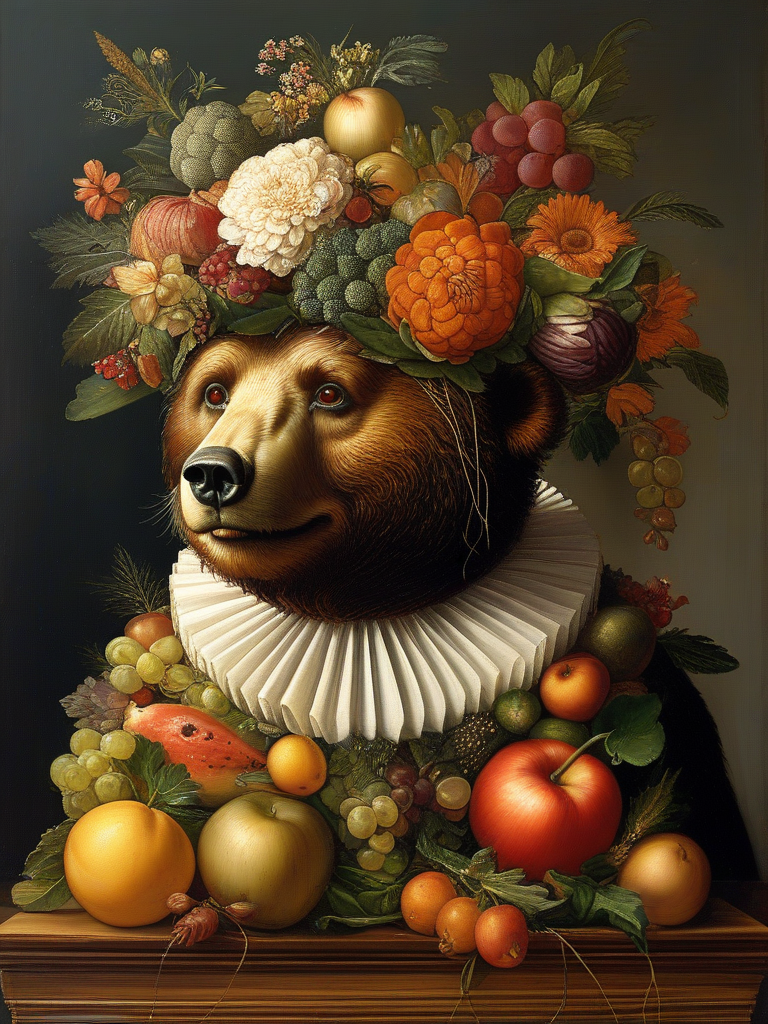 masterpiece,best quality,oil painting,illustration,(((bear))),style of Giuseppe Arcimboldo,fruits,vegetables,flowers,fish and books,<lora:tbh108-sdxl:0.8>,
