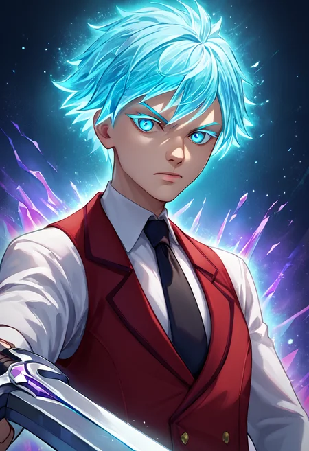 score_9,score_8_up,score_7_up,score_6_up,score_5_up,score_4_up,source_anime BREAK ray white,1boy,solo,weapon,sword,necktie,looking at viewer,holding weapon,glowing,holding,male focus,blue hair,shirt,holding sword,upper body,white collared shirt,red waistcoat,closed mouth,aura,colored eyelashes,crystal hair,black necktie,<lora:Ray_Evi_V2-4-000008:1>,aura,glowing hair,