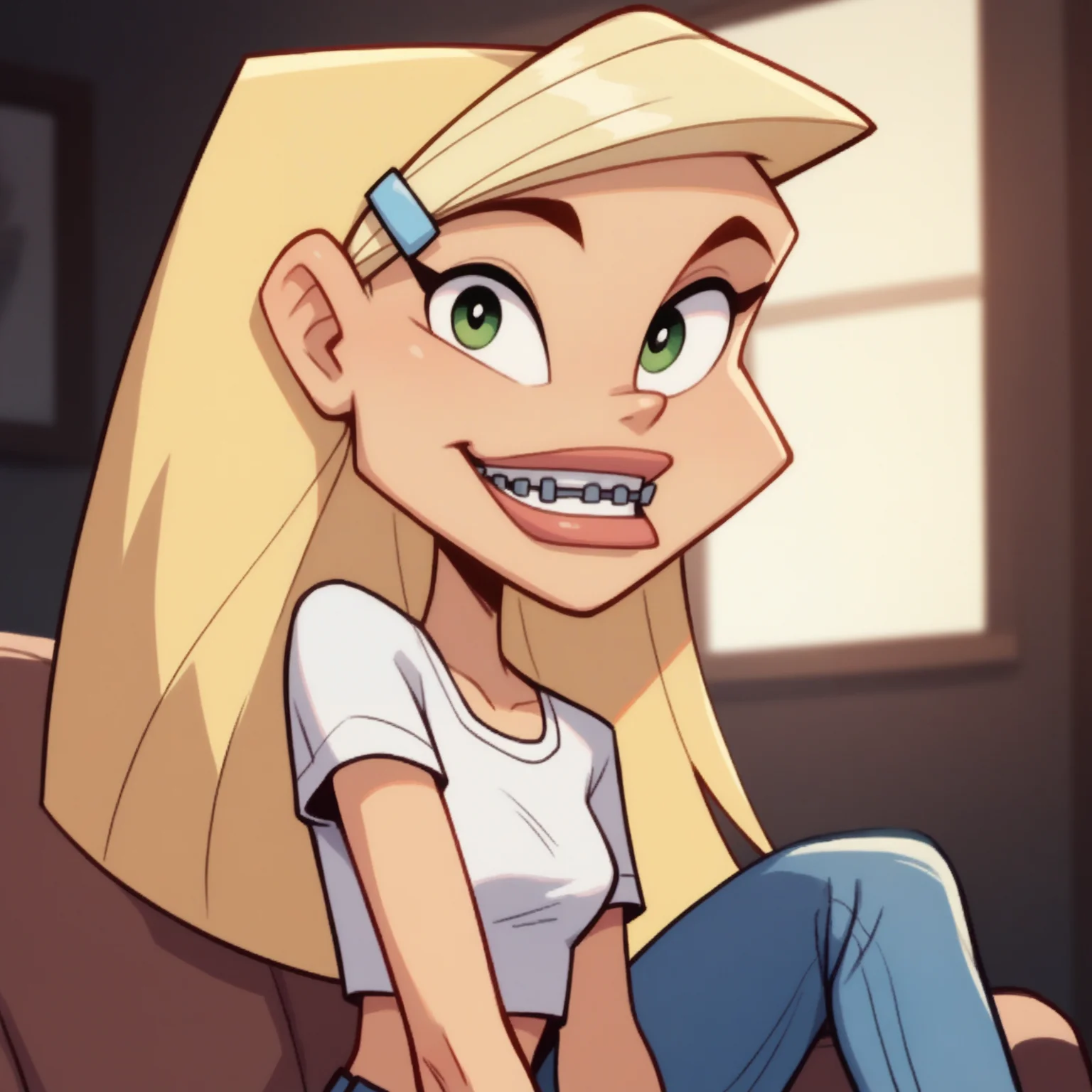 score_9, score_8_up, score_7_up,
blonde hair, long hair, green eyes, braces, hairclip, small breasts,
crop top, skinny jeans, white socks, short sleeves,
dark background, living room,
1girl, looking at viewer, portrait,
xsharonx <lora:sharonv3-000011:0.7>