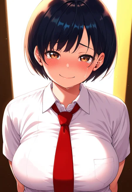 masterpiece, best quality, amazing quality, 1girl, solo, satomiww, short hair, bangs, large breasts, soft body, chubby, brown eyes, black hair, upper body, school uniform, collared shirt, necktie, looking at viewer, smile, blush, tears, closed mouth, skindentation, detailed clothing folds, depth of field, sharp, high contrast, dynamic light <lora:Satomi_Tsukimiya_Tsuki_ga_Noboru_ill:1>