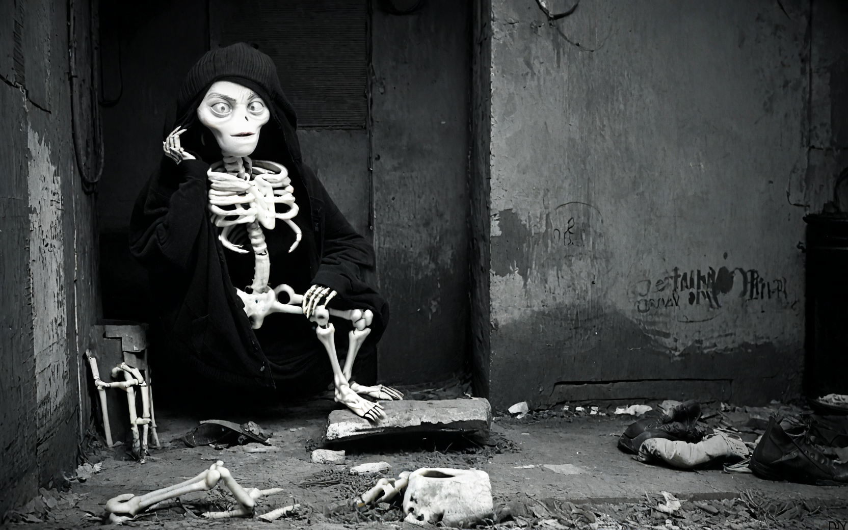 <lora:StreetPhotography_pony_v1:1> street photography, black and white,street photography \(genre\), photorealism \(style\) ,g4ry is sitting in a backalley, <lora:Gary_the_Mermaid_Adventure_Time_for_PonyXL:1> , skeleton, bone,uncensored, score_9, score_6_up, score_7_up