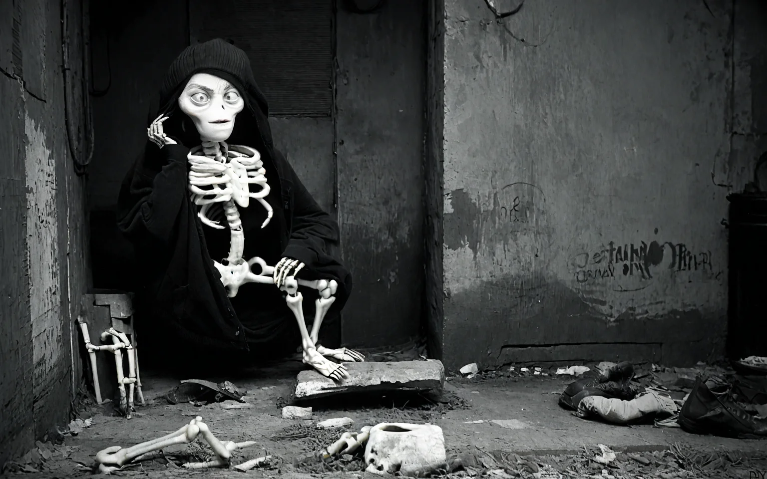<lora:StreetPhotography_pony_v1:1> street photography, black and white,street photography \(genre\), photorealism \(style\) ,g4ry is sitting in a backalley, <lora:Gary_the_Mermaid_Adventure_Time_for_PonyXL:1> , skeleton, bone,uncensored, score_9, score_6_up, score_7_up