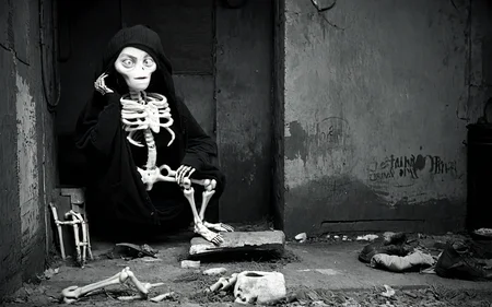 <lora:StreetPhotography_pony_v1:1> street photography, black and white,street photography \(genre\), photorealism \(style\) ,g4ry is sitting in a backalley, <lora:Gary_the_Mermaid_Adventure_Time_for_PonyXL:1> , skeleton, bone,uncensored, score_9, score_6_up, score_7_up