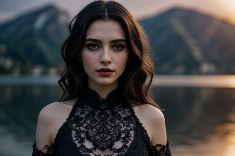 masterpiece, best quality, (colorful), cinematic lighting,  realistic, beautiful young woman with wavy dark hair in full plate armor, full body shot, standing  besides the dark waters of a misty fjord, 
dynamic pose, extremely detailed, beautiful detailed face, medium breasts, braless, no bra, cleavage, nipslip, at dusk, slanted sunrays, pale skin, detailed skin, dark makeup, black mascara, black lipstick, EyeDetail, perfect detailed eyes, long eyelashes, black eyeliner, kawaii makeup , subsurface scattering, remarkable color, ultra realistic, textured skin, remarkable detailed pupils, realistic dull skin noise, visible skin detail, skin fuzz, dry skin, bokeh, sharp focus on subject,