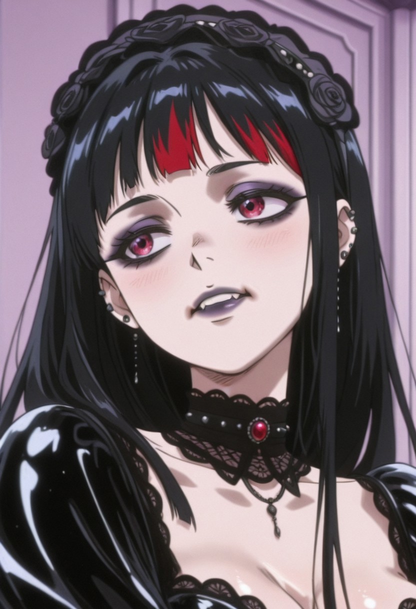 (anime coloring, anime screencap), shiny skin, goth girl, g0th1cpnk, TRexStyle, DFV1.0, 1girl, princess, red black stripe hair, long shiny hair, light skin, make up, oval face, triangle jaw, lace, goth outfit, black latex, lace, sensual,