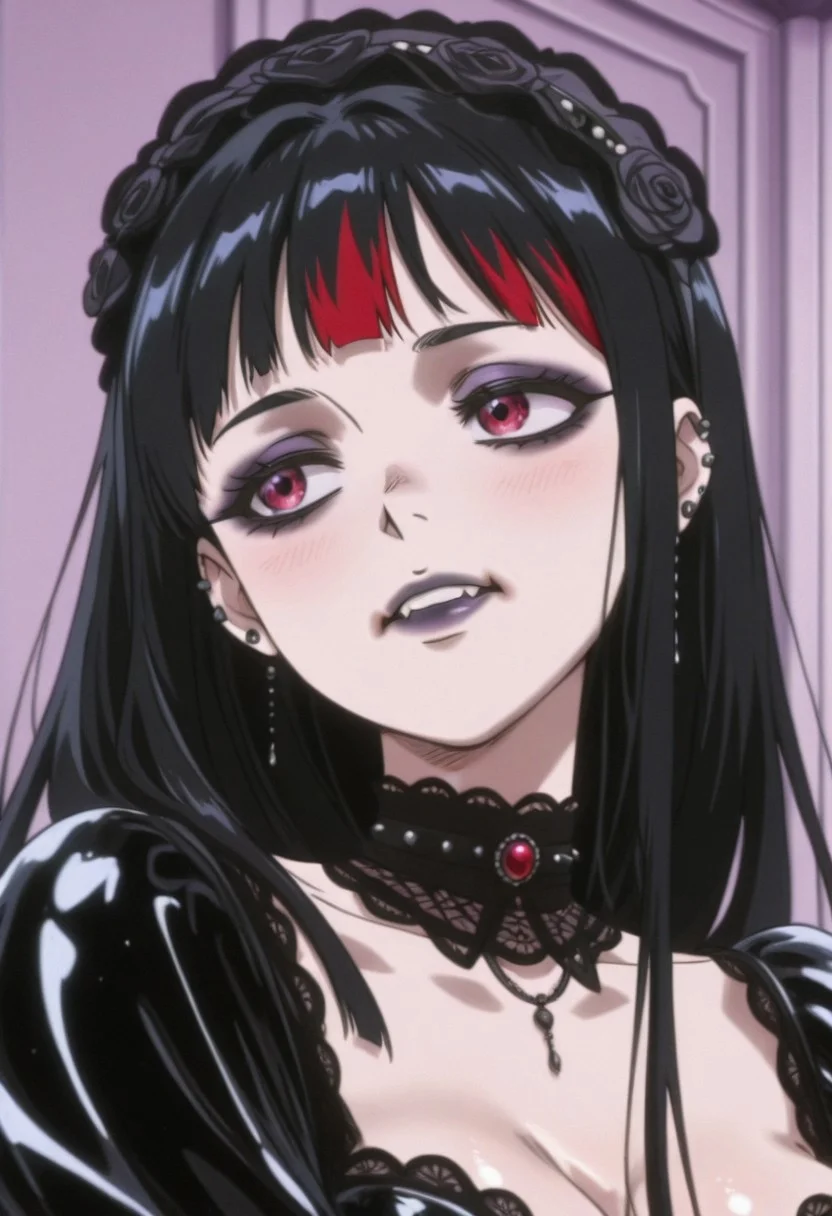 (anime coloring, anime screencap), shiny skin, goth girl, g0th1cpnk, TRexStyle, DFV1.0, 1girl, princess, red black stripe hair, long shiny hair, light skin, make up, oval face, triangle jaw, lace, goth outfit, black latex, lace, sensual,