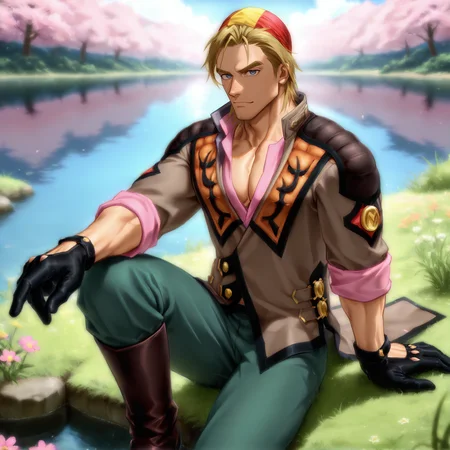 <lora:malikcaesar_ilxl:1>, malik caesars, blonde hair, brown eyes, facial hair, black gloves, brown vest, pink undershirt, sleeves rolled up, green pants, boots
sitting, lake, spring_(season), gras, flowers,
(very short hair, body hair), male focus, muscular male, muscular male, bara, mature, solo,
glossy skin, bara, mature, bara, mature, full clothes, sfw
aixiwuganda_(20222192), artist:niichi \(niichi21\), artist:jezz mons art, artist:my eight, very awa, masterpiece, best quality, absurdres, newest, perfect quality, detailed background, intricate details, <lora:slider_Body Type_alpha1.0_rank4_noxattn_last:2><lora:style_Anime Summer Days 2 Style SDXL_LoRA_Pony Diffusion V6 XL:.6><lora:slider_cfg_scale_boost:.7><lora:face_Artist6p-10:.55>, Artist6p, Artist04p,,<lora:slider_il_brightness_slider_d1:-.5><lora:slider_il_contrast_slider_d1:-1>,