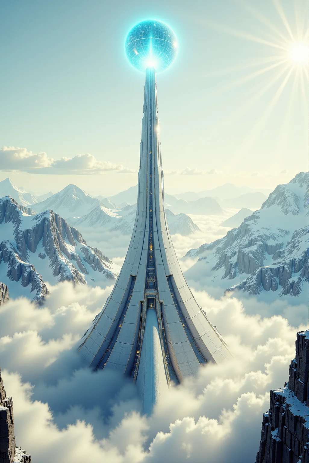 <lora:Legacy_of_the_forerunners_v.2:0.75>
A towering crystalline spire rises majestically from the heart of a snow-covered mountain range, its luminous structure piercing through the clouds and glistening under the radiant light of a vast, pale sky. The architecture exudes an ethereal elegance, composed of sleek, polished surfaces in brilliant whites and gold-lined contours that glint like divine tracery against the sky. At the summit of the central tower, a massive translucent orb hoversâan immense sphere of radiant blue energy encased in a delicate geometric lattice, emitting a celestial glow that bathes the surrounding mountaintops in an otherworldly shimmer. The mountains themselves are monumental, jagged and ancient, their sheer cliffs wrapped in layers of glacial mist, enhancing the impression that this structure exists at the threshold of earth and heavens. The clouds swirl gently around the base of the tower, parting like a divine curtain to reveal its celestial ascent, while the light refracts through the orb in radiant halos. The entire scene radiates transcendence, serenity, and mystic futurism, blending divine symbolism with sleek sci-fi aesthetics in a composition that suggests a temple of light, knowledge, or higher consciousness suspended between worlds.