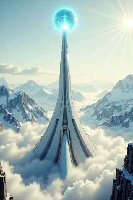 <lora:Legacy_of_the_forerunners_v.2:0.75>
A towering crystalline spire rises majestically from the heart of a snow-covered mountain range, its luminous structure piercing through the clouds and glistening under the radiant light of a vast, pale sky. The architecture exudes an ethereal elegance, composed of sleek, polished surfaces in brilliant whites and gold-lined contours that glint like divine tracery against the sky. At the summit of the central tower, a massive translucent orb hoversâan immense sphere of radiant blue energy encased in a delicate geometric lattice, emitting a celestial glow that bathes the surrounding mountaintops in an otherworldly shimmer. The mountains themselves are monumental, jagged and ancient, their sheer cliffs wrapped in layers of glacial mist, enhancing the impression that this structure exists at the threshold of earth and heavens. The clouds swirl gently around the base of the tower, parting like a divine curtain to reveal its celestial ascent, while the light refracts through the orb in radiant halos. The entire scene radiates transcendence, serenity, and mystic futurism, blending divine symbolism with sleek sci-fi aesthetics in a composition that suggests a temple of light, knowledge, or higher consciousness suspended between worlds.