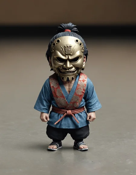 Worn-Out tiny Man, Going to the gym, Vile Samurai Mask, Hong Konger Medallion, Realistic, Trillwave, Highres, Digital Art Illustration Adobe Photoshop