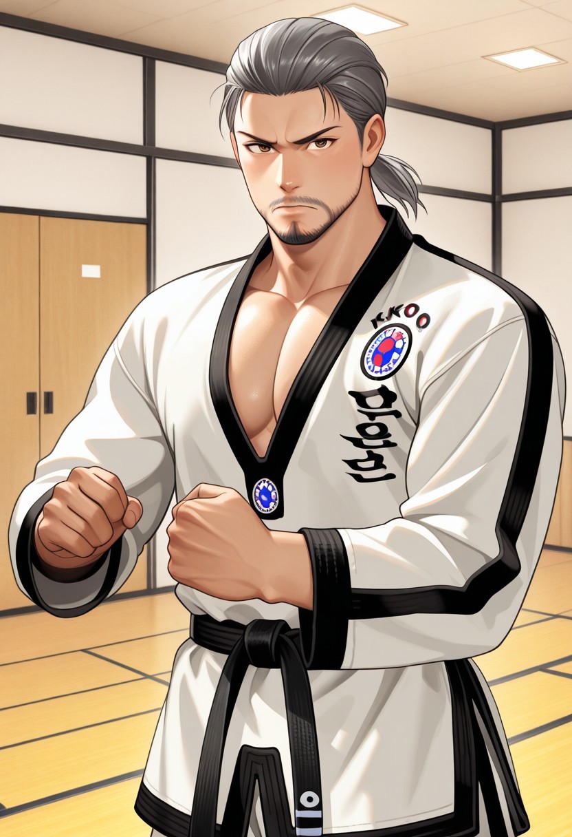 score_9, score_8_up, score_7_up, score_6_up, perfect anatomy, perfect proportions, best quality, masterpiece, high_resolution, high quality, best aesthetic, incredibly absurdres, concept art, digital art, realistic, highres, extremely detailed, huge filesize, mature, masculine, handsome, charming, seductive, bara, male focus, solo male, handsome face, perfect face, 1boy, Baek, grey hair, short ponytail, brown eyes, facial hair, beard, taekwondo dobok, taekwondo uniform, pectoral cleavage, black hangul lettering on the right side of his chest reading "한", taekwondo black belt, black belt around waist, looking at viewer, serious expression, frown, fighting stance, dojo background, (view from waist up), close up