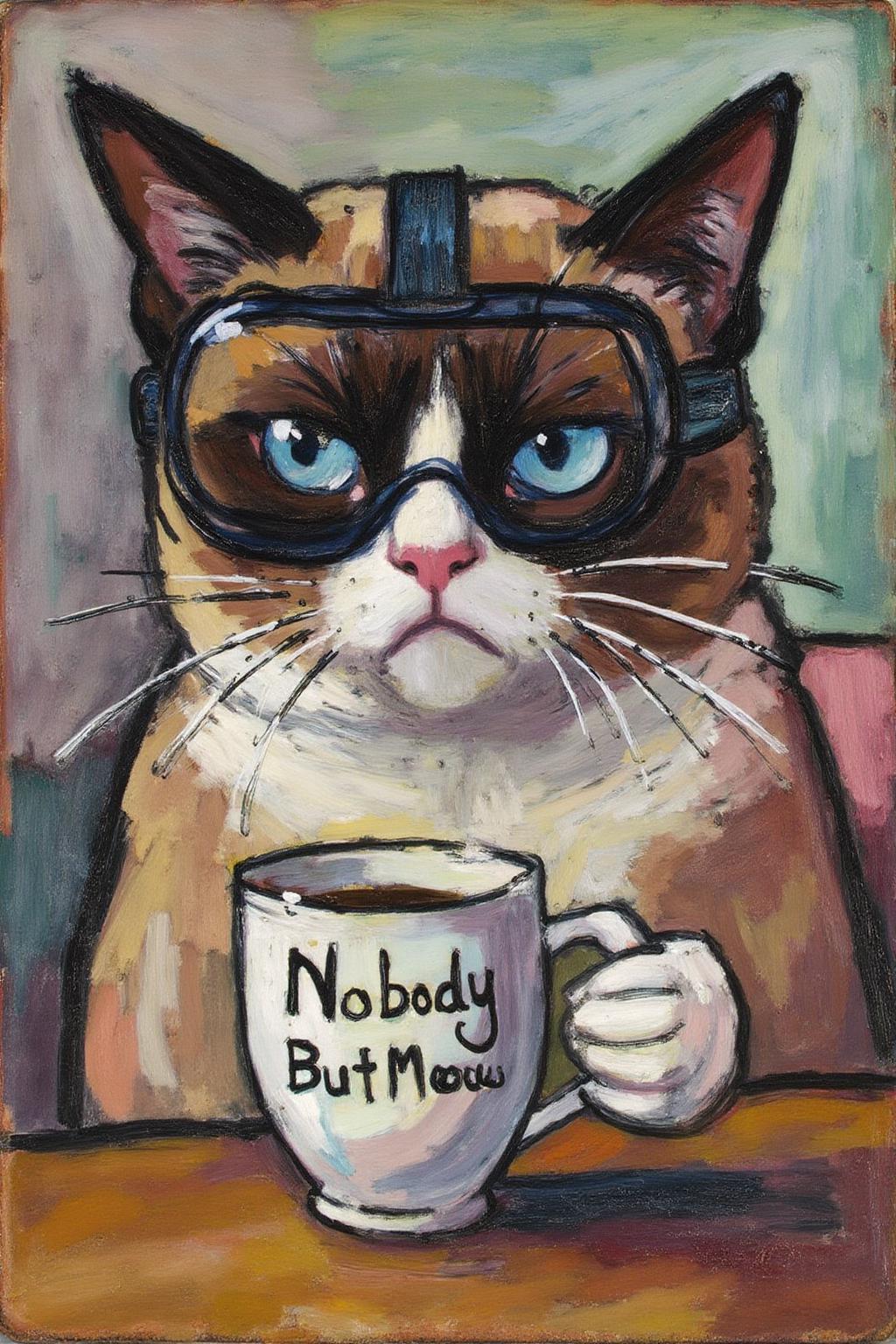 henrylymansayen1 painting.
Grumpy Cat holding a coffee mug, wearing a VR Headset. The mug has the phrase "NobodyButMeow" printed 
 <lora:henrylymansayen1_cap_d6a3:1.0><lora:861470143769771596:0>