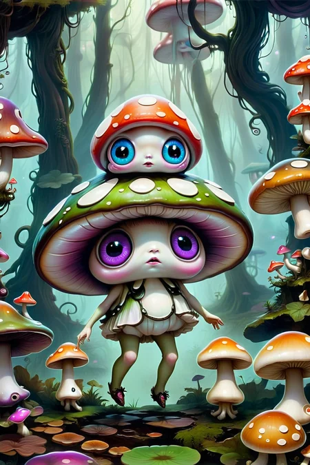 Floating Mushroom Fairy Ring - A ring of oversized, floating mushrooms with exaggerated spots and eyes. Small fae creatures with cartoonishly large heads dance in the air above, their shadows casting surreal shapes on the forest floor below. <lora:EnvyPastelGoth02-prodigy-batch6:1> <lora:SDXLFaeTastic2400:1> <lora:Goth_SDXL_V1:1> <lora:LowBrowXL:1> <lora:GothGirlLorav0.1:1>
