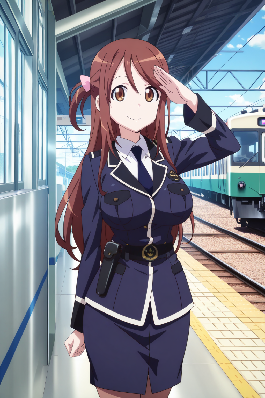 anime screenshot, anime coloring,  iida nana, 1girl, solo, brown hair, long hair, one side up, hair bow, pink bow, brown eyes, large breasts, police uniform, blue jacket, white shirt, collared shirt, long sleeves, blue skirt, pencil skirt, blue necktie, black belt, holster, brown pantyhose, looking at viewer, smile, closed mouth, salute, cowboy shot, train station, day, blue sky, cowboy shot, indoors, masterpiece, best quality, high quality, highres, absurdres, <lora:iida_nana_ILXL_v2:0.9>