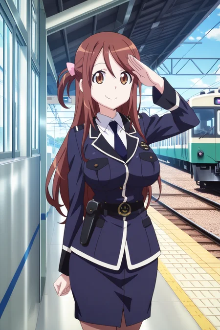 anime screenshot, anime coloring, iida nana, 1girl, solo, brown hair, long hair, one side up, hair bow, pink bow, brown eyes, large breasts, police uniform, blue jacket, white shirt, collared shirt, long sleeves, blue skirt, pencil skirt, blue necktie, black belt, holster, brown pantyhose, looking at viewer, smile, closed mouth, salute, cowboy shot, train station, day, blue sky, cowboy shot, indoors, masterpiece, best quality, high quality, highres, absurdres, <lora:iida_nana_ILXL_v2:0.9>
