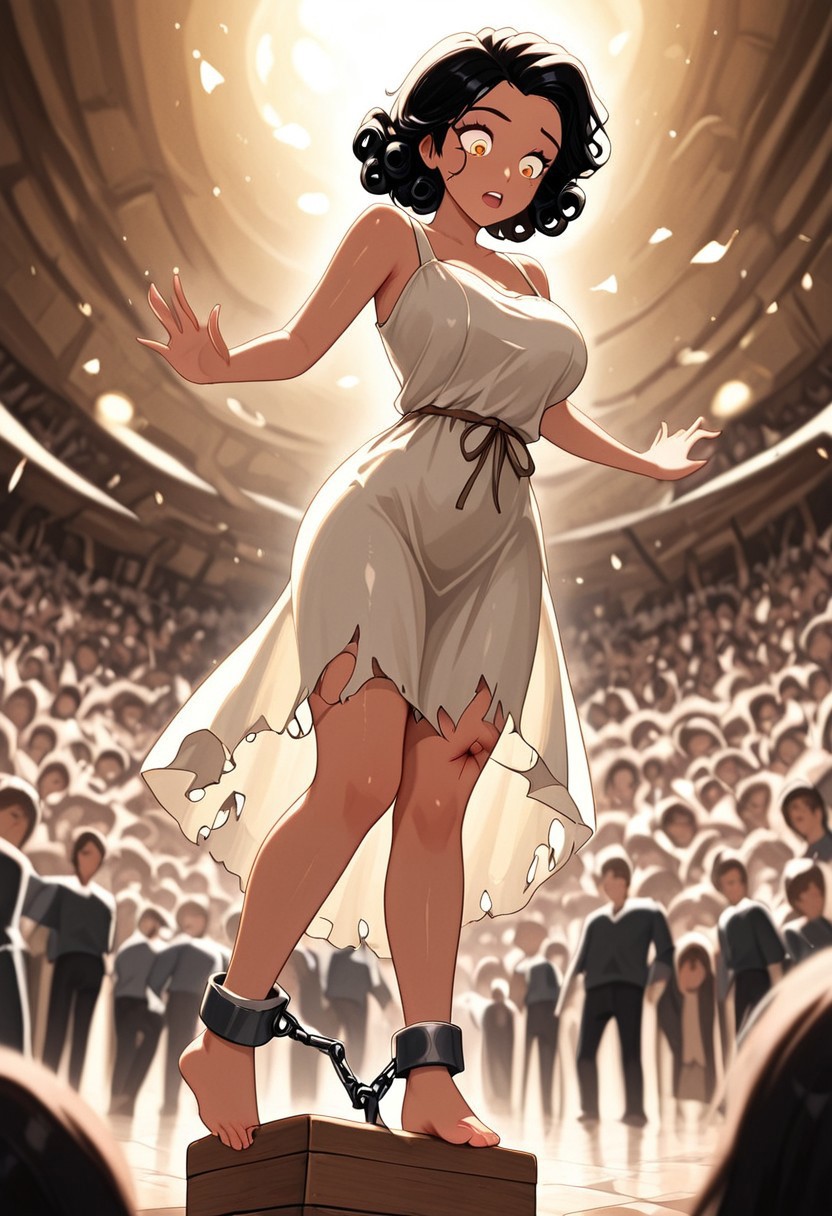 masterpiece, best quality, good quality, very aesthetic, absurdres, newest, 8K, depth of field,  in the style of cknc, artist:moriimee, in the style of cksc, 
1girl, short curly black hair, tangled, amber eyes, dark skin, large breasts, bouncy, ragged linen dress, torn, ankle shackles, bruised thighs, standing on block, hips slumped, shocked expression, looking side, from below
BREAK
bustling market, stone platform, crowd jeers
BREAK
warm light, earthy tones, high contrast, depth of field, soft shadows, rich details, tense gloom