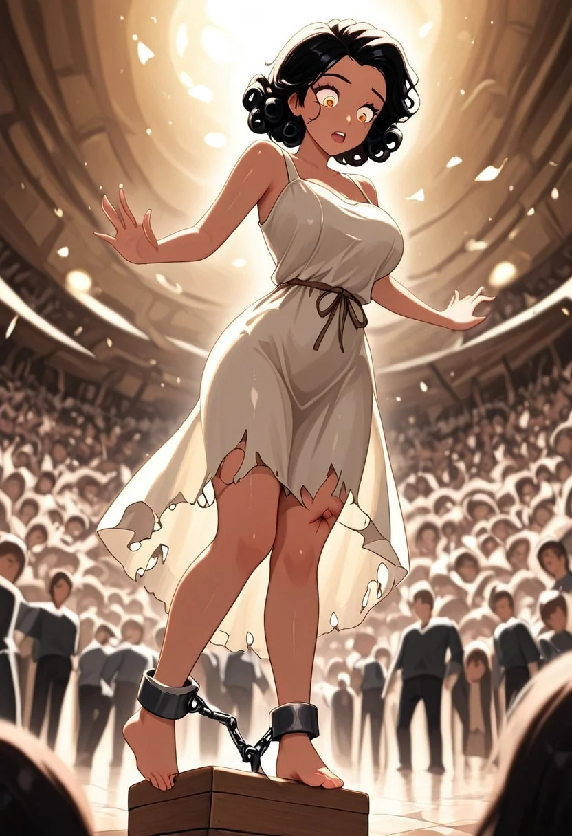 masterpiece, best quality, good quality, very aesthetic, absurdres, newest, 8K, depth of field, in the style of cknc, artist:moriimee, in the style of cksc,
1girl, short curly black hair, tangled, amber eyes, dark skin, large breasts, bouncy, ragged linen dress, torn, ankle shackles, bruised thighs, standing on block, hips slumped, shocked expression, looking side, from below
BREAK
bustling market, stone platform, crowd jeers
BREAK
warm light, earthy tones, high contrast, depth of field, soft shadows, rich details, tense gloom