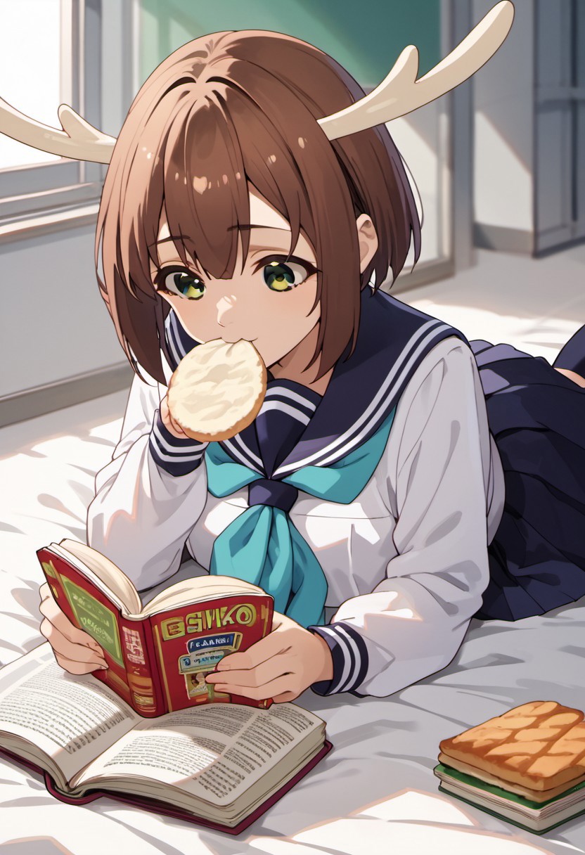 score_9, score_8_up, score_7_up, source_anime,shikanoko noko, short hair, brown hair, green eyes, antlers, school uniform, 1girl, skirt, serafuku, on stomach, reading, mouth hold, lying, food, solo, pleated skirt, blue neckerchief