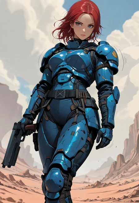 masterpiece, best quality, good quality, very aesthetic, absurdres, newest, 8K, depth of field, focused subject,
in the style of ckgr, dynamic angle, from below,
1girl, red hair, blue armor, desert, warrior, holding gun, motion lines