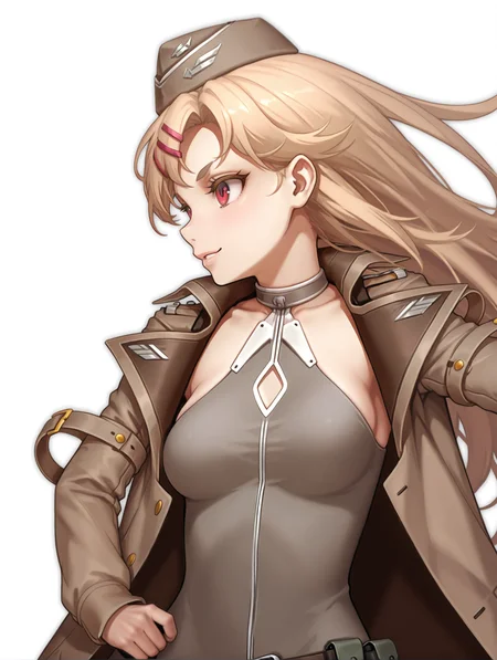 masterpiece,best quality,newest,
1girl,solo,
medium breasts,<lora:M1919A4_ilxl_v1.2:1>,m_1919,blonde hair,red eyes,m_hat,m_clothes,long coat,
<lora:Fixhands_anime_bdsqlsz_V1:1>,profile,upper_body,looking ahead,white_background,simple_background,