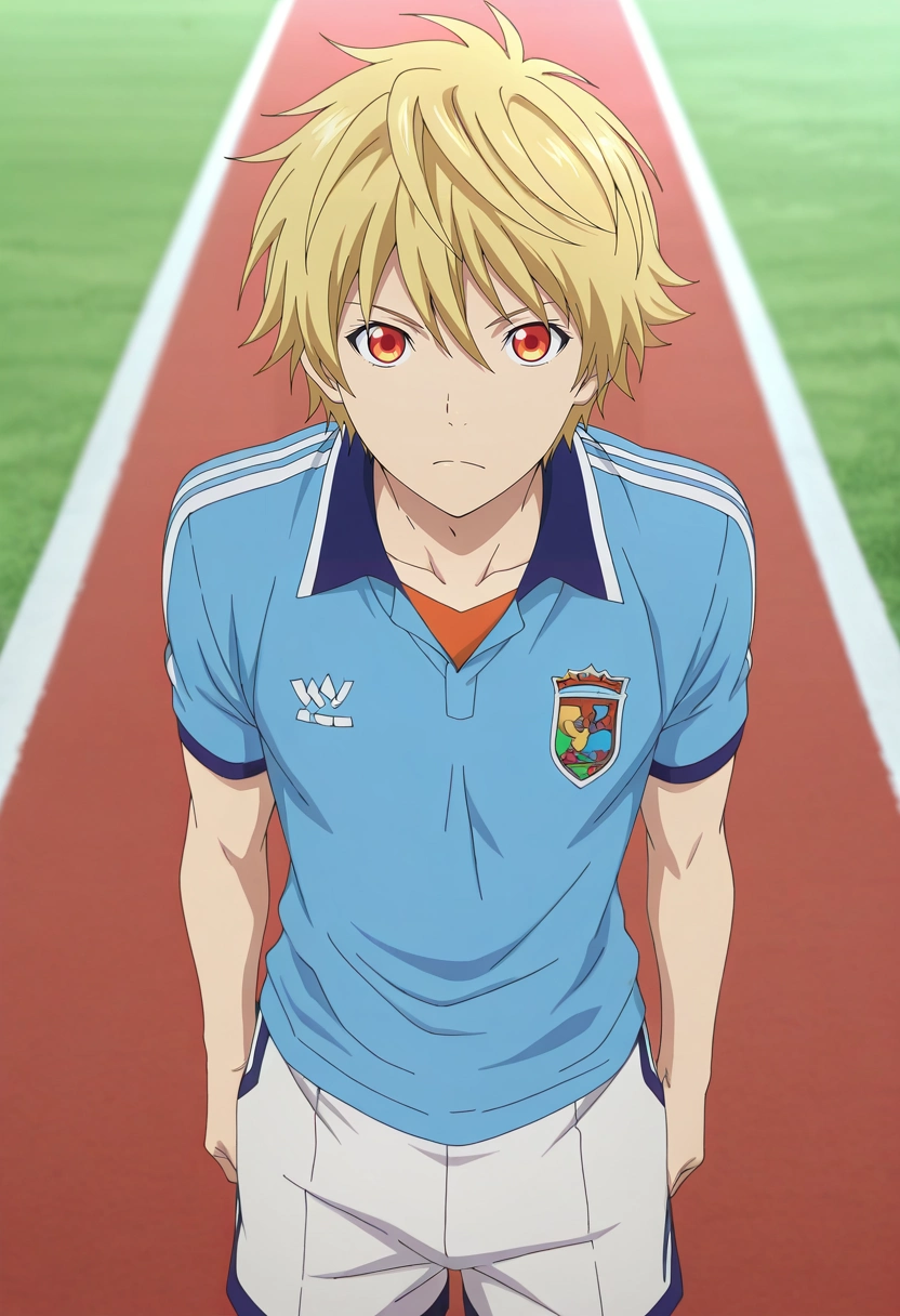 masterpiece, best quality, , anime screencap, anime coloring, official style, looking at viewer, 1boy, solo, male focus, <lora:yukine_noragami_ilxl:0.9>, yukine_noragami, blonde hair, red eyes, orange eyes, , , Brocade Tulle Tailored shorts, Rugby quarter-zip shirt, Moccasins, , and