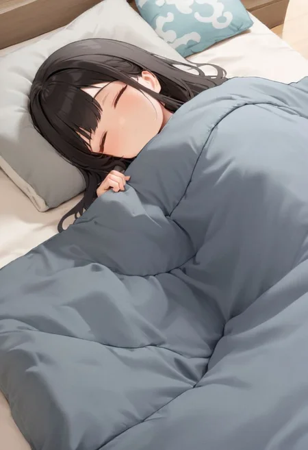 1girl, black hair, long hair, happy, light smile,
futon, pillow, closed eyes, bed, sleeping, lying, under covers, blanket,
masterpiece, best quality, ultra-detailed, illustration,
<lora:kakebuton_SDXL_V1:0.8>